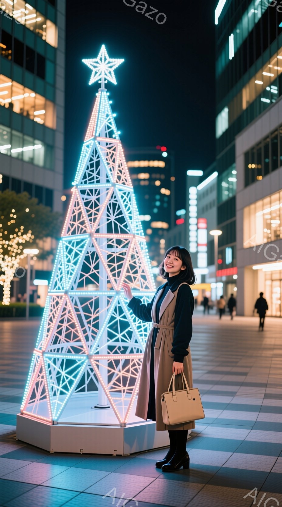 画像には、明るく輝くトライアングル型のイルミネーションツリーの前に立つ若い女性がいます。彼女はベージュ色のワンピースに黒のタイツとブーツを履き、肩には黒いバッグをかけています。背景には近代的なビルが立ち並び、夜空にはいくつかの光が輝き、全体的に都会的で華やかな雰囲気が漂っています。