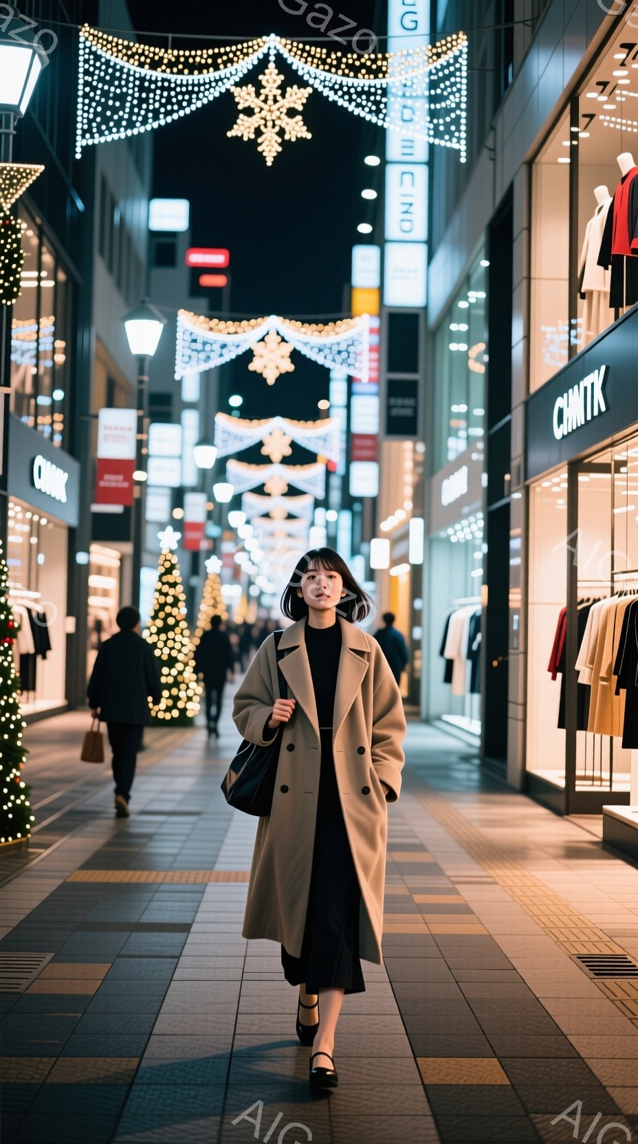 長いベージュのコートを着た若い女性が、クリスマスイルミネーションが飾られた歩道を歩いている。彼女は黒いワンピースと黒い靴を履き、ダークブラウンのボブヘアで、表情は穏やかで少し微笑んでいるように見える。背景には、クリスマスの装飾が施された店やビルが立ち並び、夜の街の賑やかさと温かい雰囲気が感じられる。