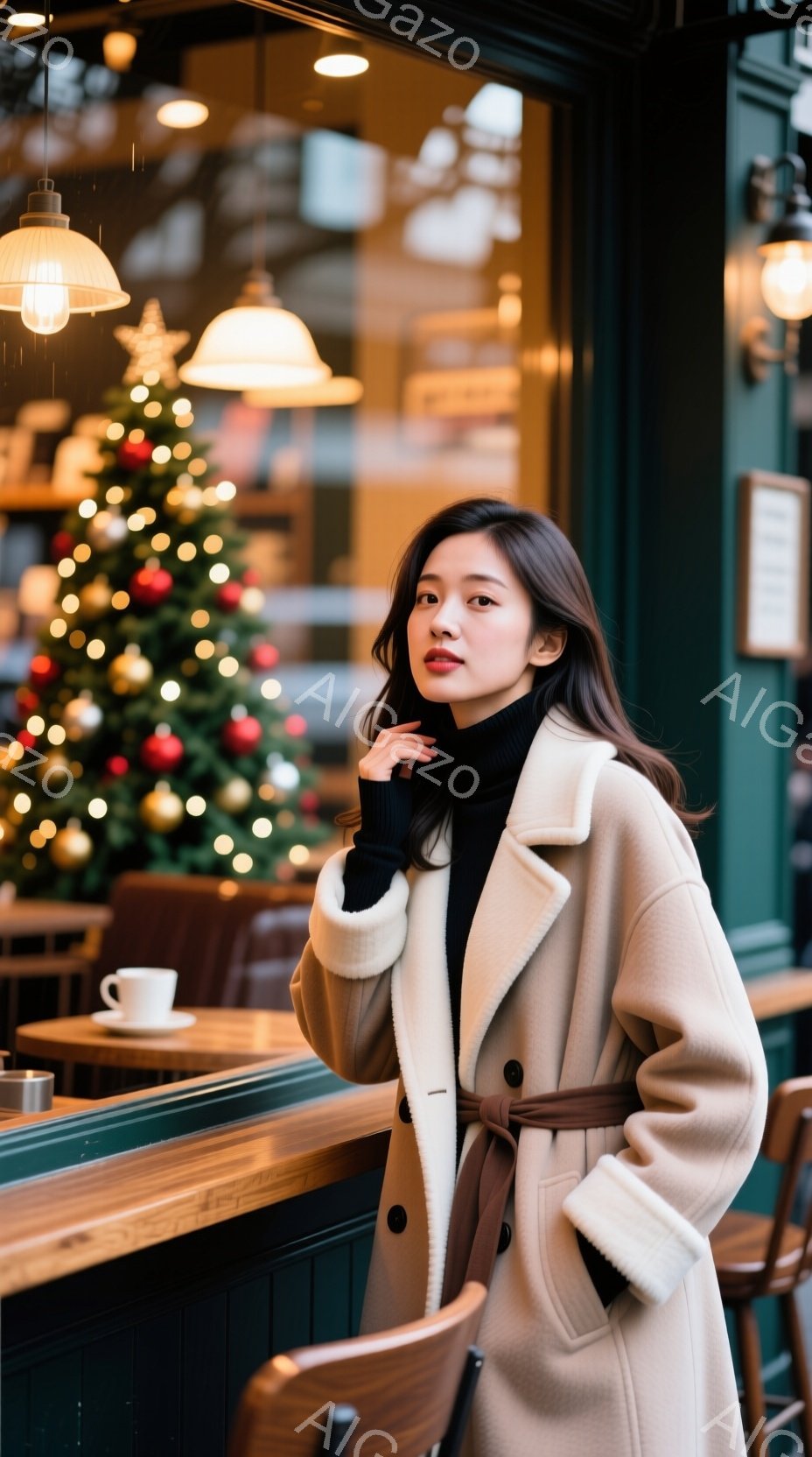 長いクリーム色のコートを着た若い女性が、カフェの窓際に立っている。彼女は黒いセーターを着ており、片手を顎に当ててわずかに微笑んでいる。背景にはクリスマスツリーが飾られたカフェの店内があり、暖かく落ち着いた雰囲気が漂っている。