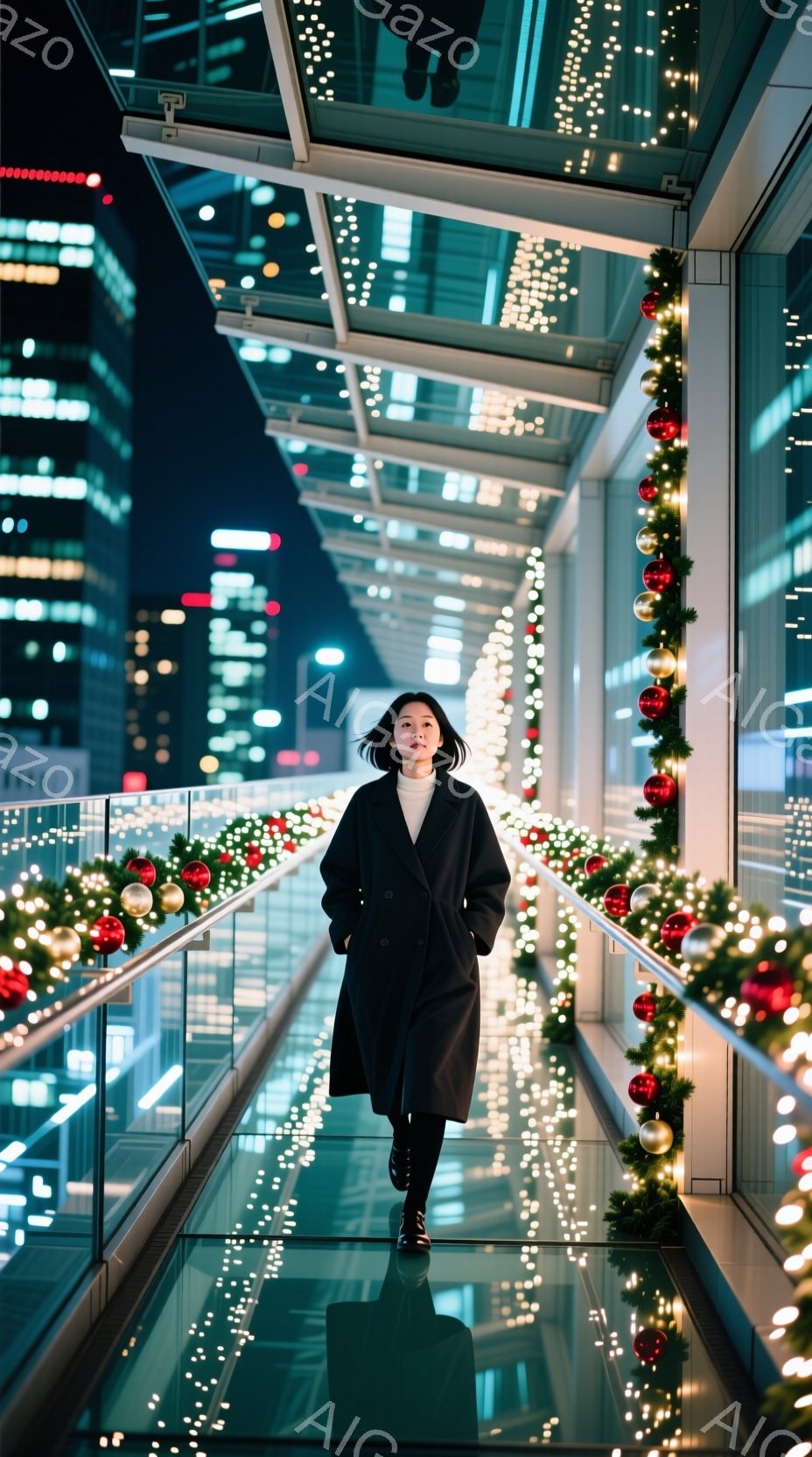 長い黒いコートを着た女性が、クリスマス装飾された歩道橋を歩いている。彼女はストレートの黒髪で、表情は穏やかで少し物憂げだ。背景には夜景が広がり、光り輝くイルミネーションと、高層ビル群が都市の活気を感じさせる。