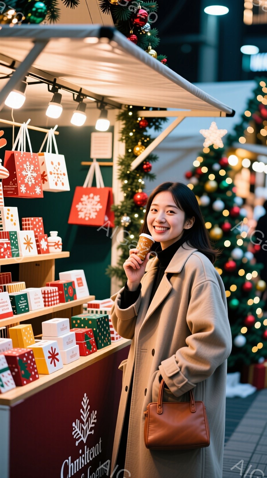 若い女性がクリスマスマーケットで軽食を楽しんでいます。ベージュのロングコートを着ており、黒髪を肩まで伸ばしたヘアスタイルです。背景には、クリスマスツリーや装飾が施された屋台が並び、華やかなクリスマスの雰囲気を醸し出しています。