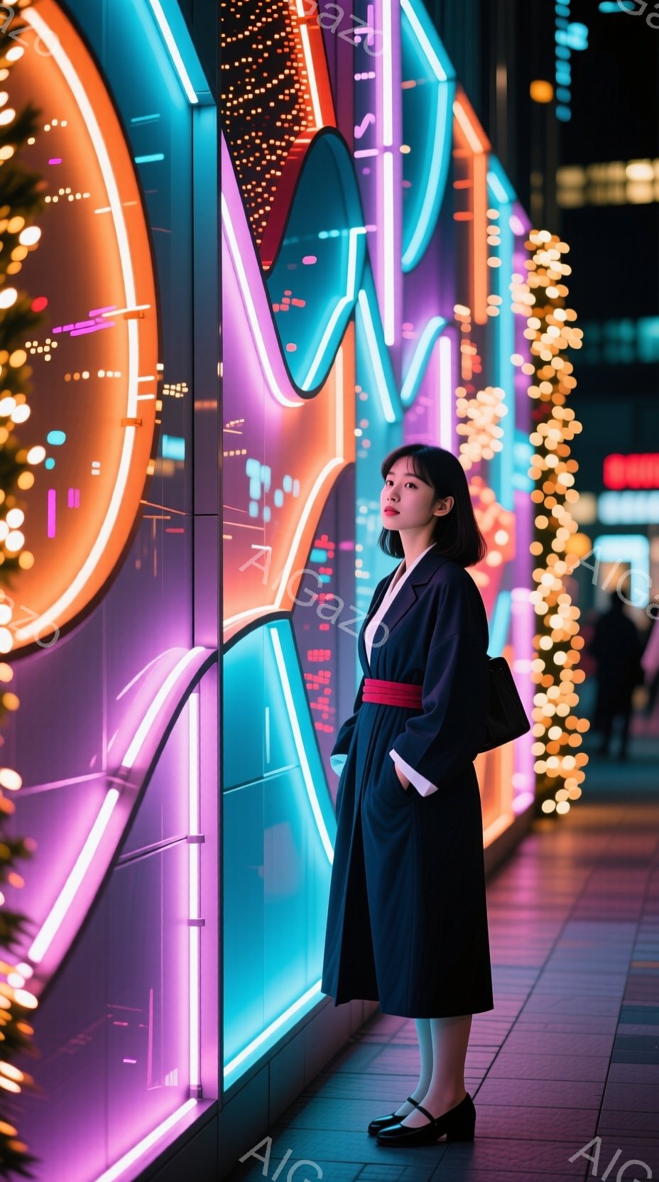 黒いコートを着た若い女性が、ネオンライトで飾られた壁の前に立っている。彼女は赤い帯でウエストマークし、黒い靴を履いている。背景にはクリスマスツリーの光がぼんやりと見え、夜の都会的な雰囲気を醸し出している。