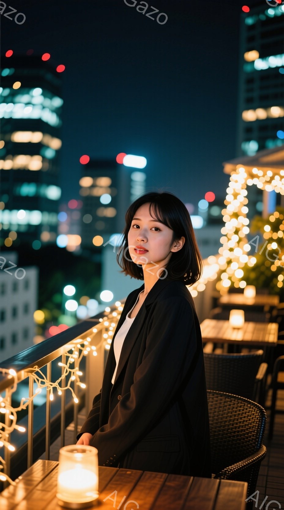 この女性は、黒いジャケットに白いインナーを着て、屋外のバルコニーに座っています。彼女は肩までの長さの黒髪で、穏やかな表情を浮かべています。背景には夜景のビル群と、暖色系のイルミネーションが輝き、ロマンチックで落ち着いた雰囲気を醸し出しています。