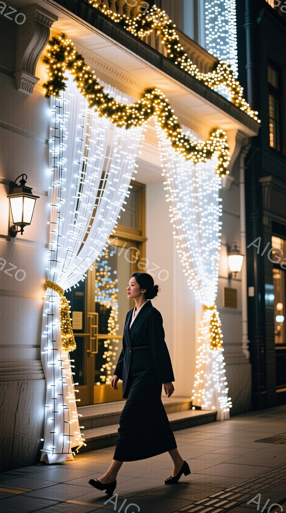 黒いスーツを着た女性が、クリスマス装飾が施された建物の前を歩いている。彼女は黒髪を後ろでまとめ、真剣な表情で前を見つめている。背景には、暖色系の光で照らされた建物と、輝くイルミネーションが広がっており、冬の夜の落ち着いた雰囲気が漂っている。