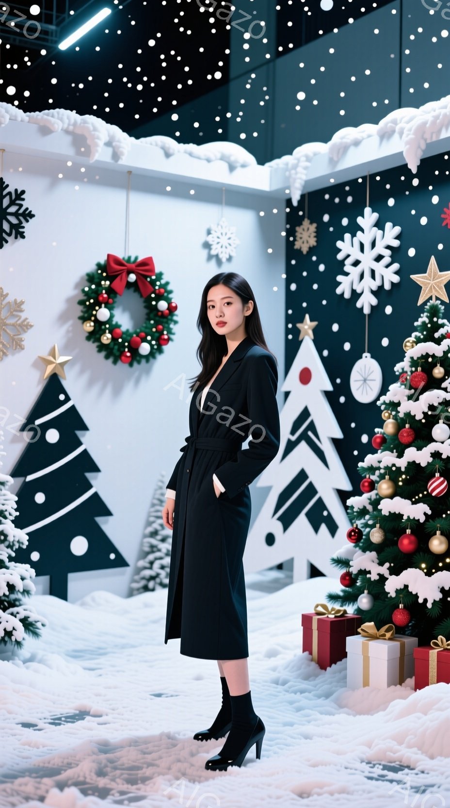 黒いロングコートを羽織った女性が、切り株のような白い背景とクリスマス装飾の前で立っている。彼女は黒いブーツを履き、片手をポケットに入れたリラックスした姿勢で、少し物憂げな表情をしている。背景にはクリスマスツリー、プレゼントボックス、雪の結晶のオーナメントが散りばめられ、冬の幻想的な雰囲気を醸し出している。