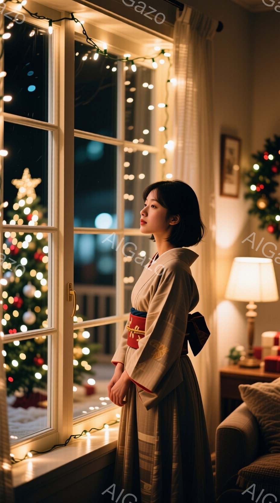 若い女性が窓辺に立っており、和風の着物を着ています。彼女は髪を短く切り、少し憂いを帯びた表情で外を見つめています。背景にはクリスマスツリーの明かりが輝き、暖かく幻想的な雰囲気を醸し出しています。