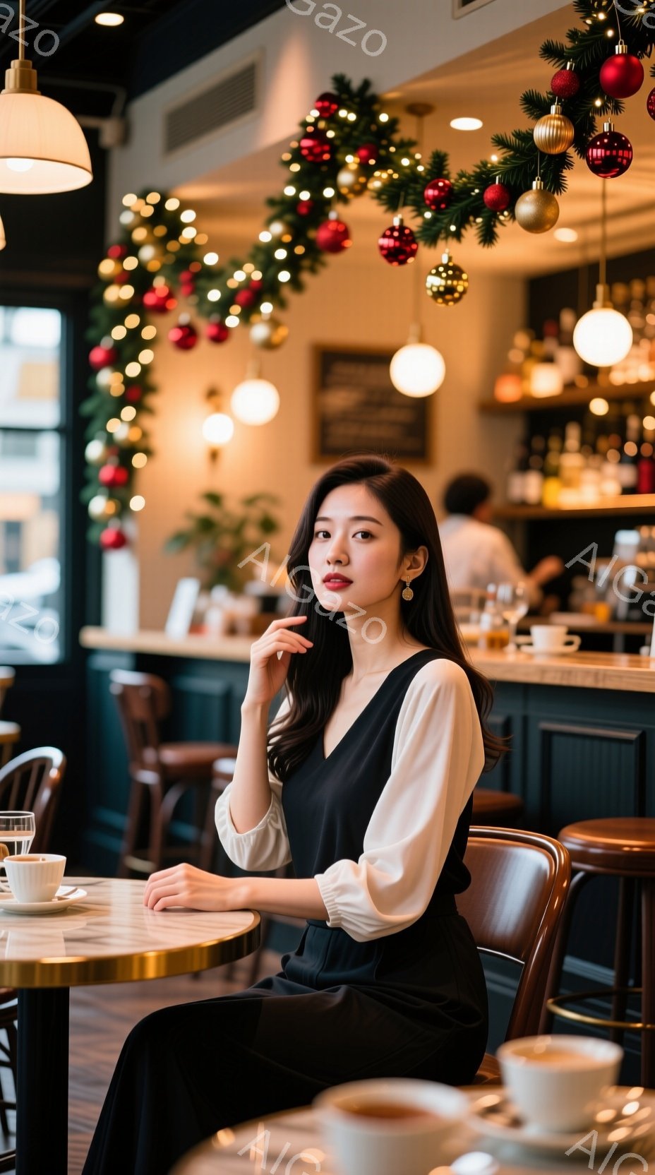 黒いキャミソールワンピースに白いブラウスを合わせた女性が、カフェの椅子に座ってポーズをとっています。彼女は長い黒髪で、穏やかな表情を浮かべており、片手を頬にあてています。背景にはクリスマス装飾が施されたカフェのカウンターと、ぼやけた人影が見え、暖かく落ち着いた雰囲気が漂っています。