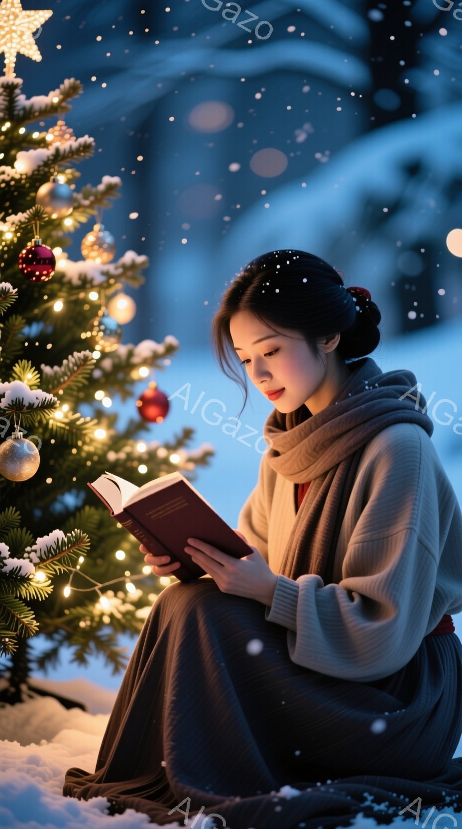 彼女は雪景色の中で、クリスマスツリーのそばに座って本を読んでいます。灰色のゆったりとしたセーターとスカートを身につけ、髪は後ろでまとめられています。彼女の表情は穏やかで、読書に集中しており、背景には雪が舞い、静かで温かい雰囲気を醸し出しています。