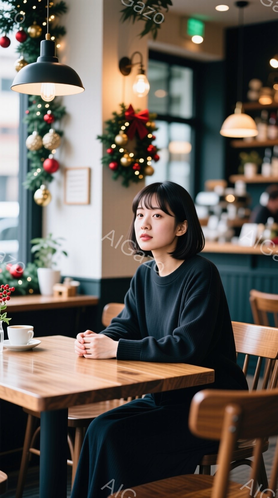 画像には、黒いセーターとスカートを着た若い女性がカフェに座っています。彼女は両手を重ねてテーブルに置き、少し物憂げな表情で遠くを見つめています。背景にはクリスマスの飾り付けが施されたカフェの内部が見え、落ち着いた雰囲気が漂っています。