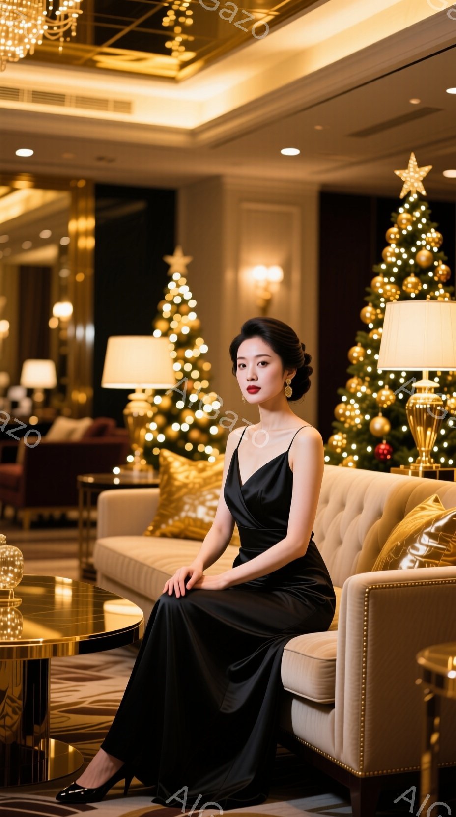 黒いシルクのイブニングドレスを着た女性が、明るいベージュ色のソファに座っています。彼女は髪を後ろでまとめ、赤い口紅を塗っています。背景にはクリスマスツリーが輝き、豪華なホテルのロビーの雰囲気が漂っています。
