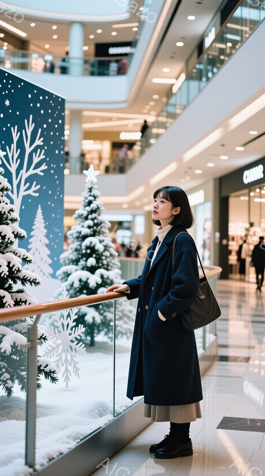 深い紺色のコートを羽織り、クリーム色のスカートと黒いブーツを履いた女性が、ショッピングモールの手すりに寄りかかっています。彼女は黒髪のボブスタイルで、少し微笑んでいるような、穏やかな表情をしています。背景には雪景色を模した装飾とクリスマスツリーがあり、モール内の明るい光が暖かく、冬の季節の穏やかな雰囲気を醸し出しています。