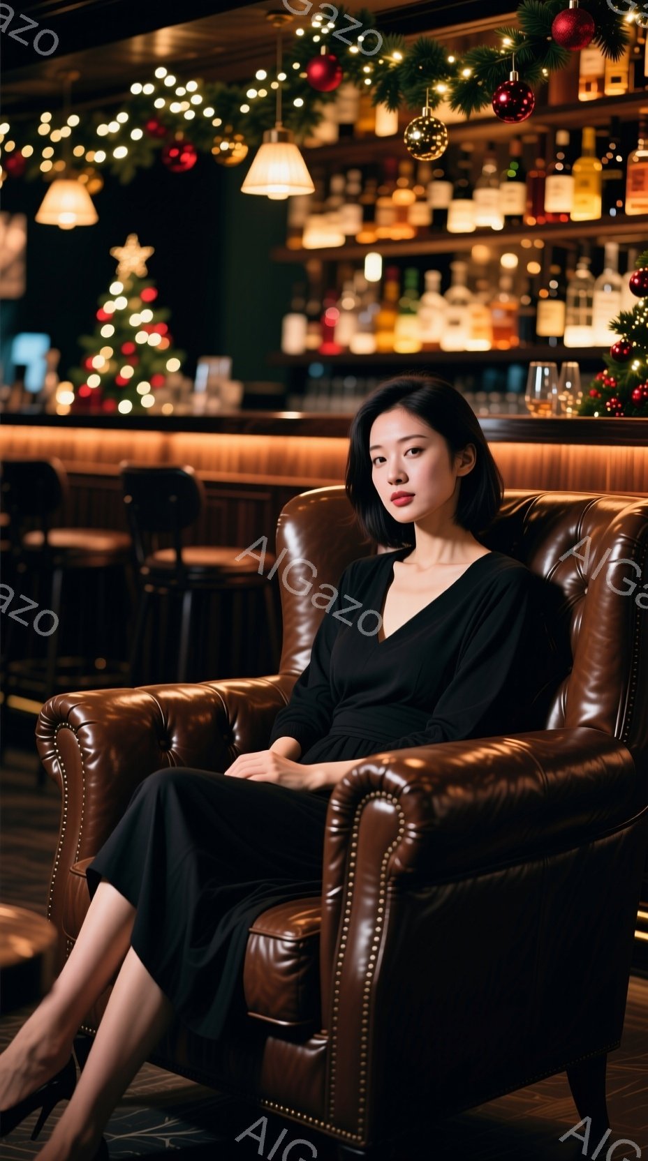 黒いドレスを着た女性が、アンティーク調のレザーチェアに優雅に座っている。彼女はストレートで艶やかな黒髪を持ち、少し物憂げな表情でカメラを見ている。背景にはバーカウンターやクリスマス装飾が見え、暖かく、少しノスタルジックな雰囲気を醸し出している。
