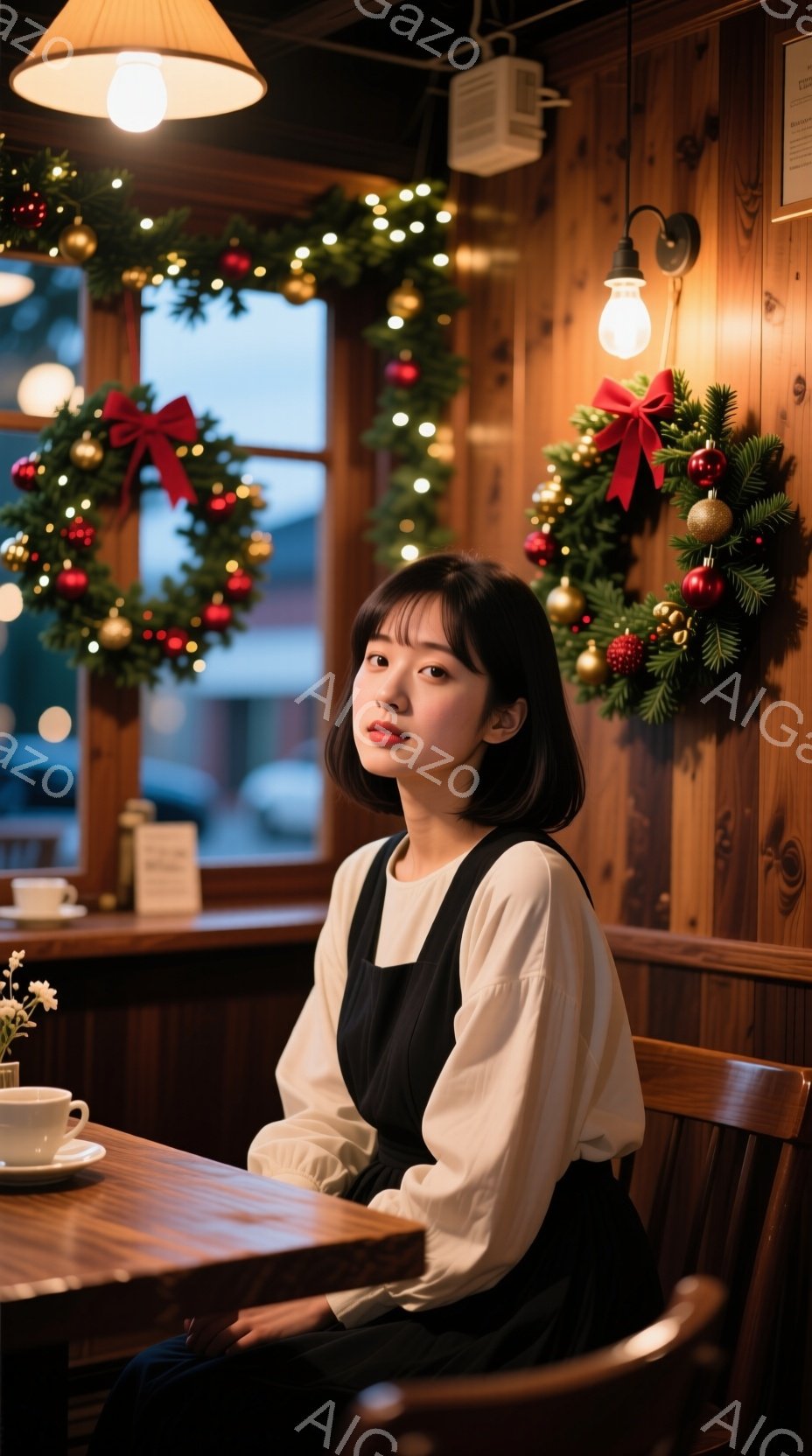 画像には、カフェのような木製のインテリアの中で、黒髪の若い女性が座っています。彼女は白いブラウスと黒いオーバーオールを着ており、少し微笑んだ表情を浮かべています。背景にはクリスマス装飾が施された窓があり、温かく、居心地の良い雰囲気を醸し出しています。