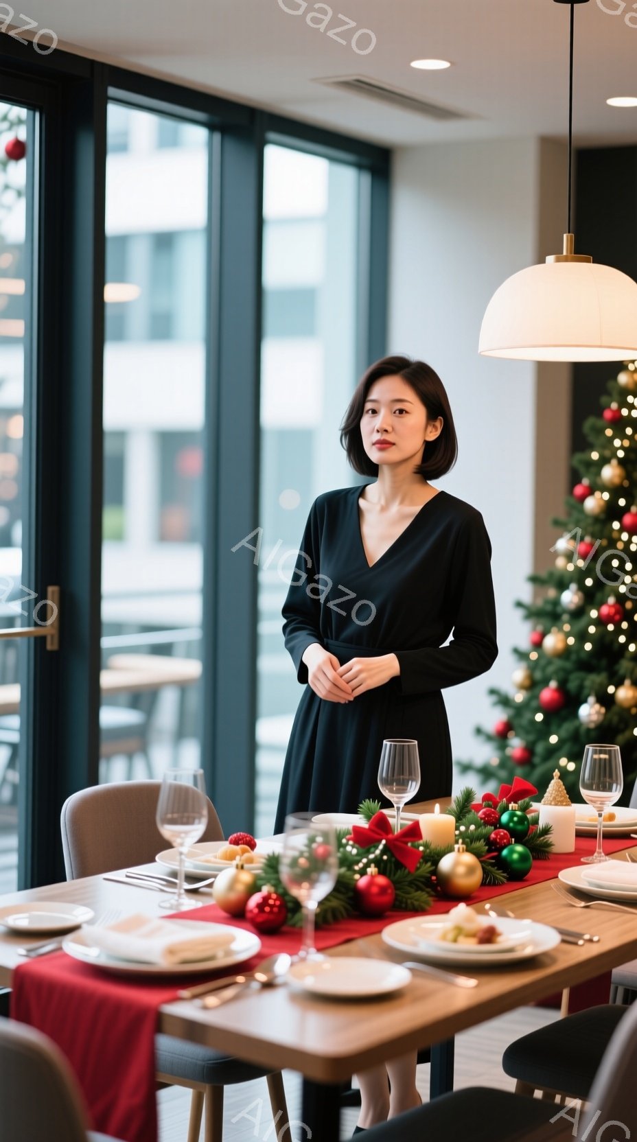 黒いワンピースを着た女性が、クリスマスらしい食卓の前に立っている。彼女は少し微笑んでおり、落ち着いた表情で両手を前に組んでいる。背景には窓から見える建物と、装飾されたクリスマスツリーがあり、暖かく上品な雰囲気を醸し出している。