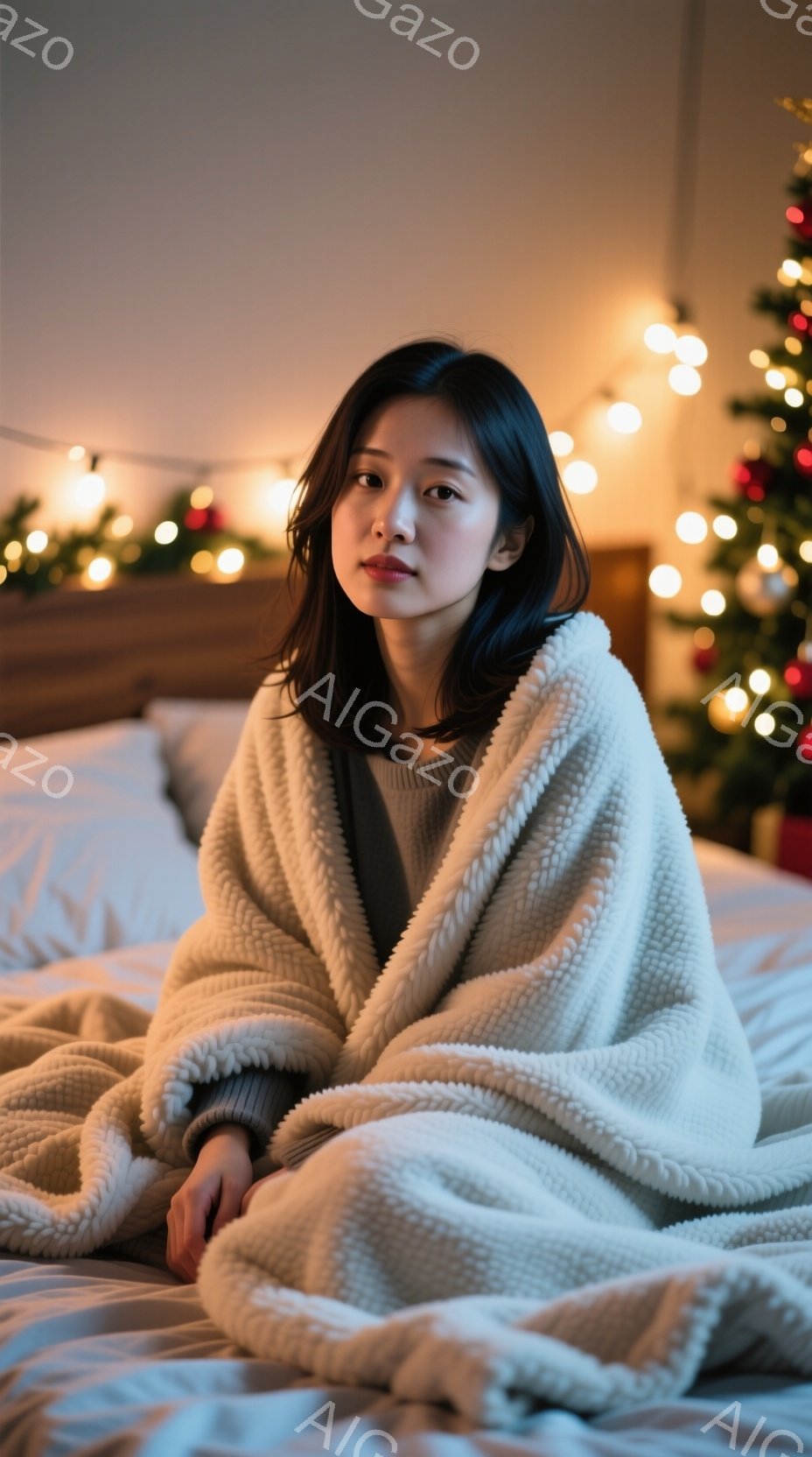 長い黒髪の女性が白いベッドに座り、オフホワイトのふわふわとしたブランケットに包まれています。彼女は落ち着いた表情でカメラを見つめており、グレーのシンプルなトップスを着ています。背景にはぼやけたクリスマスツリーと暖かい光のイルミネーションがあり、リラックスした冬の雰囲気を醸し出しています。