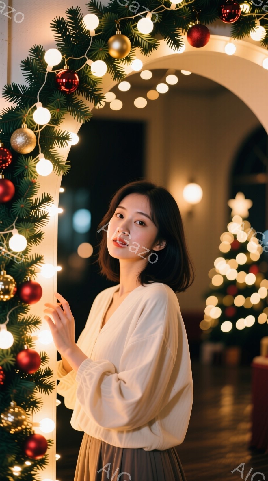若い女性がクリスマス装飾のアーチの前に立っています。オフホワイトのゆったりとしたブラウスと、くすんだ色のプリーツスカートを着用し、肩までの長さのダークブラウンの髪はストレートに整えられています。彼女はわずかに微笑み、片手を顔の近くに置き、リラックスした姿勢でカメラを見つめており、背景にはぼやけたクリスマスツリーと暖色の光が広がっています。