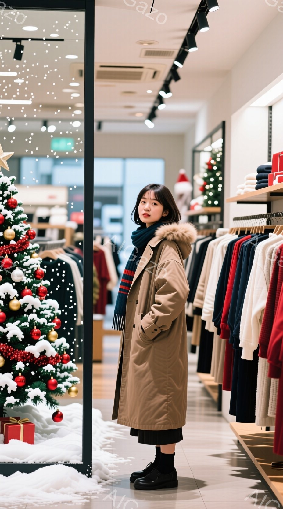 画像には、クリスマスの飾り付けがされた店内で、ベージュ色のフード付きコートを着た若い女性が立っています。彼女は黒いタイツとブーツを履き、青いストライプのスカーフを巻いています。背景には、様々な色のセーターが並んだ棚があり、クリスマスの雰囲気を高めています。