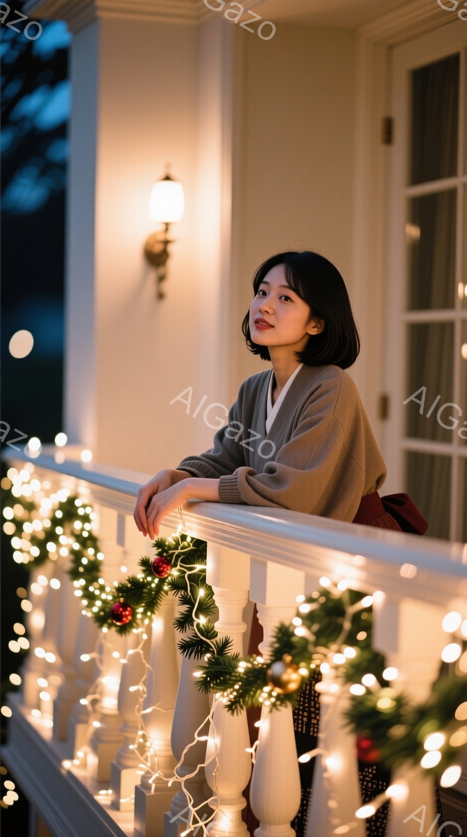 短い黒髪の女性が、クリスマスデコレーションで飾られたバルコニーの手すりに寄りかかっています。ベージュのセーターとパンツを身に着け、リラックスした表情で遠くを見つめています。背景には薄暗い建物があり、温かい光がバルコニーを照らし、クリスマスの穏やかな雰囲気を醸し出しています。