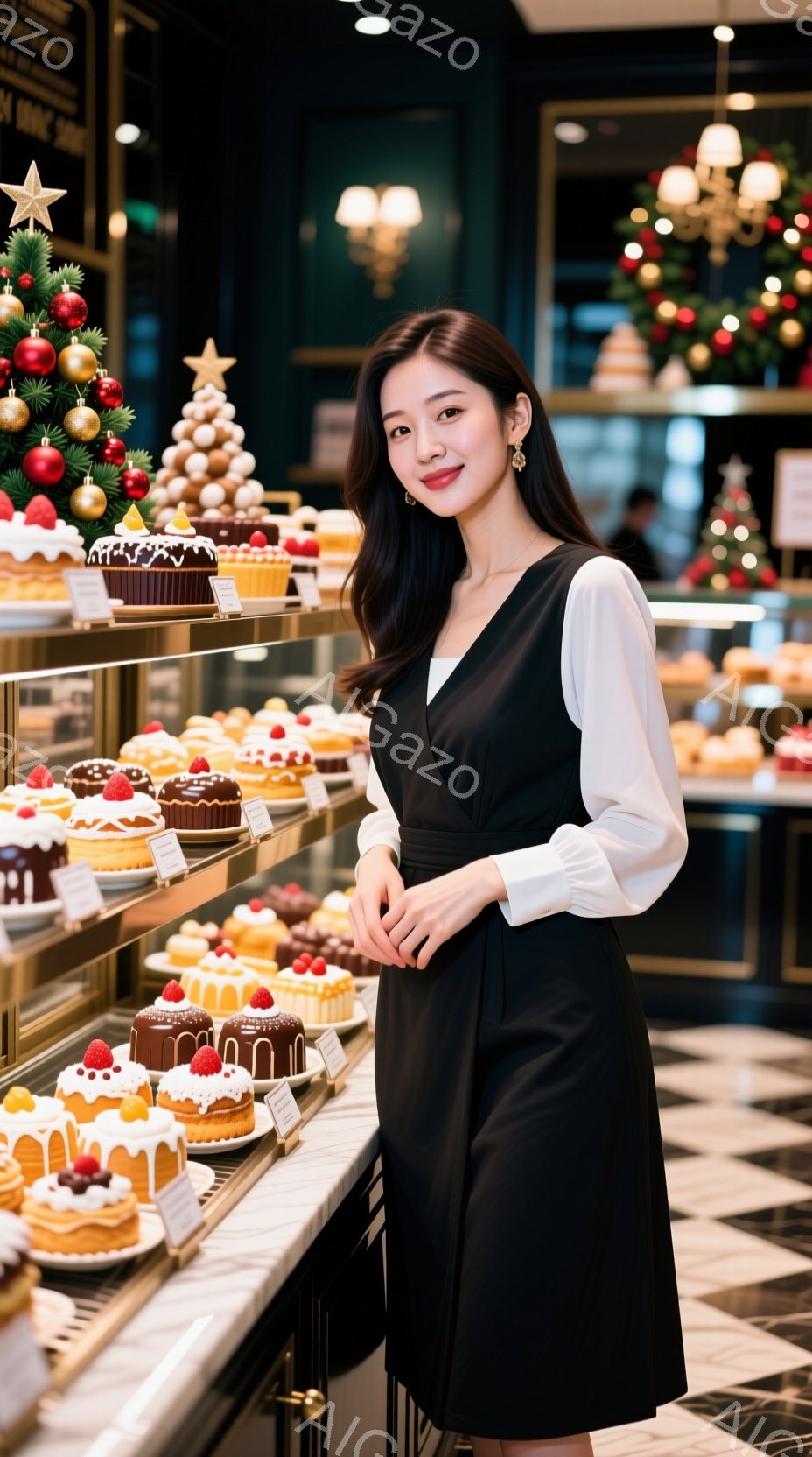黒いワンピースに白いブラウスを着た女性が、ショーケースに並んだケーキの前に立っている。彼女は微笑んでおり、優雅な姿勢で片手を腰に当てている。背景にはクリスマスのデコレーションが施されたケーキやツリーが並び、華やかで温かい雰囲気が漂っている。