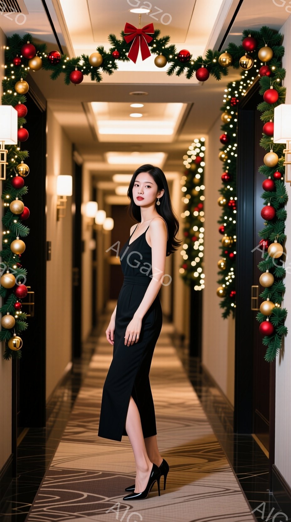黒いキャミソールワンピースを着た女性が、ホテルの廊下に立っています。彼女は片足を少し前に出し、壁にもたれて少し微笑んでいます。廊下はクリスマス装飾で飾られており、赤いオーナメントと緑の葉が天井から吊り下げられています。
