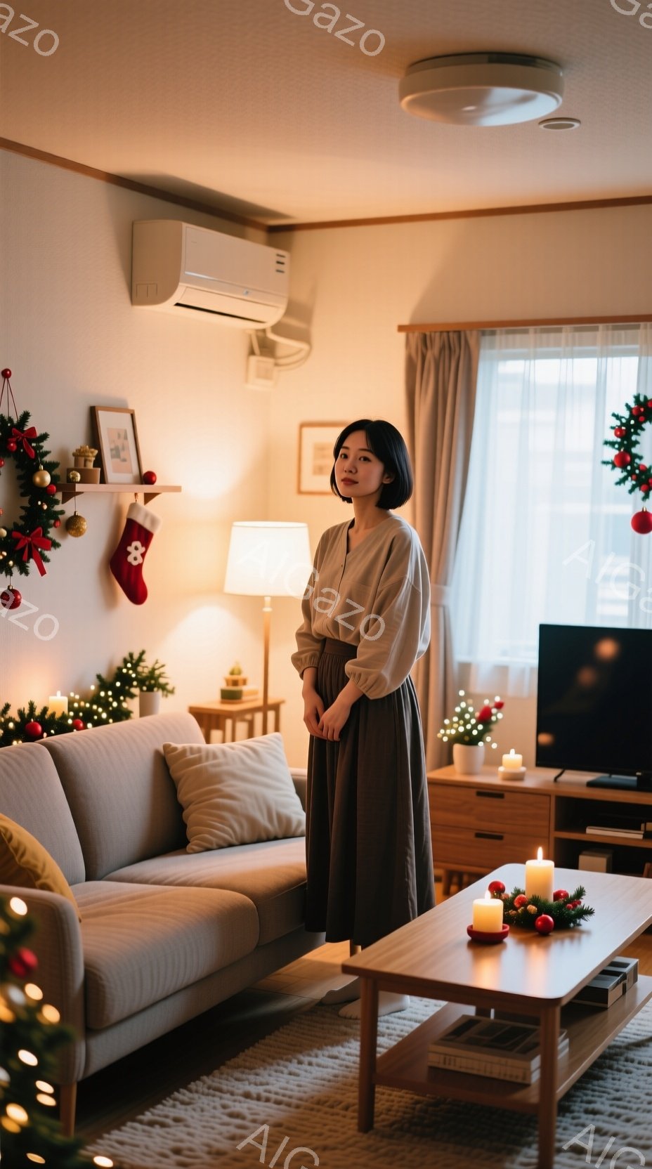 室内には、ベージュ色のソファと木製のローテーブルがあり、クリスマス装飾が施された温かみのある空間が広がっています。女性は、クリーム色のブラウスと茶色のスカートを身に着け、少し微笑んだ表情で立っており、落ち着いた雰囲気を醸し出しています。窓の外は明るく、冬の穏やかな日差しが差し込み、居心地の良い雰囲気を強調しています。