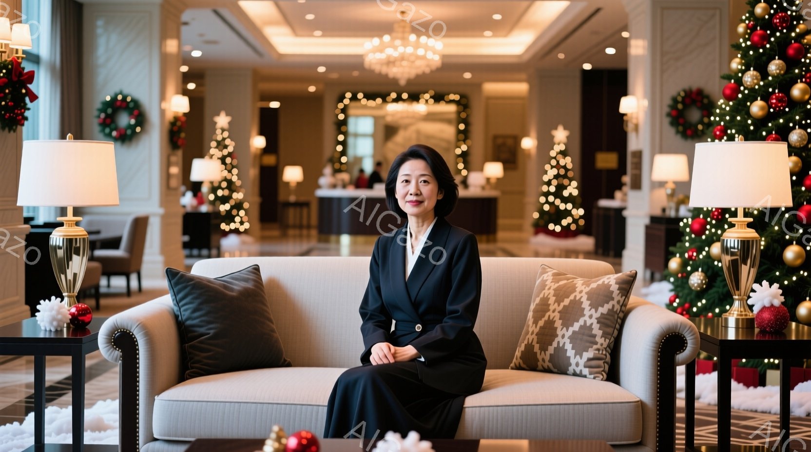 画像には、明るいロビーでベージュ色のソファに座っている女性が写っています。彼女は黒いスーツを着ており、髪は後ろにまとめられています。背景にはクリスマスツリーや装飾が飾られており、華やかで暖かい雰囲気が漂っています。