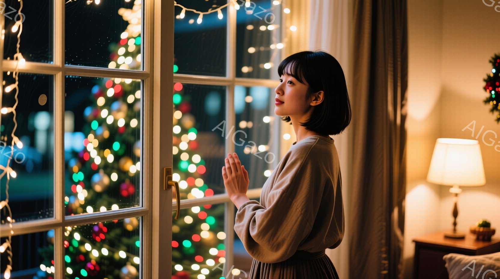 暗い夜に窓の外を見つめる女性が描かれています。彼女は薄いベージュの長袖シャツとスカートを身につけ、ダークブラウンのボブヘアです。背景にはぼやけたクリスマスツリーの光があり、室内には暖色系の照明が灯り、穏やかで少し物憂げな雰囲気が漂っています。