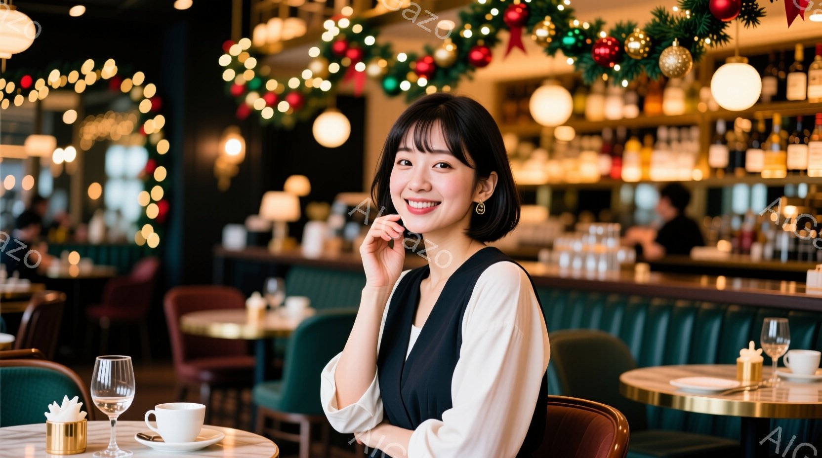画像には、レストランで微笑む若い女性が写っています。彼女は白いブラウスに黒のベストを着用し、前髪を伸ばしたダークブラウンのヘアスタイルをしています。背景には、ぼやけたレストランのインテリアと、ホリデーシーズンの飾り付けが見られ、暖かく華やかな雰囲気が漂っています。
