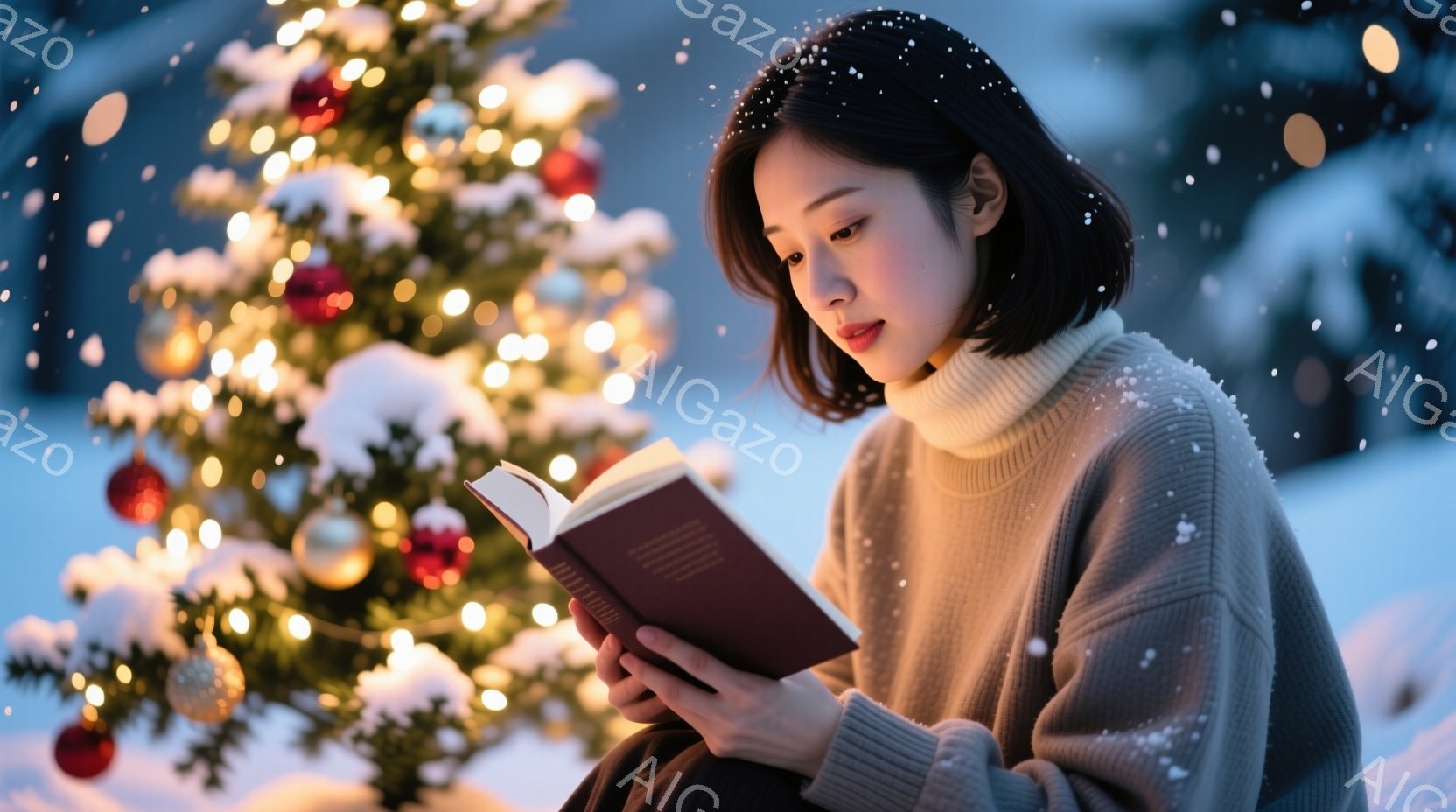 暖炉の光が輝く背景に、セーターを着た若い女性が本を読んでいます。彼女は黒髪のショートボブで、穏やかな表情で集中して読書を楽しんでいるようです。背景にはクリスマスツリーが飾られ、雪が舞い散る冬の静かで温かい雰囲気が漂っています。