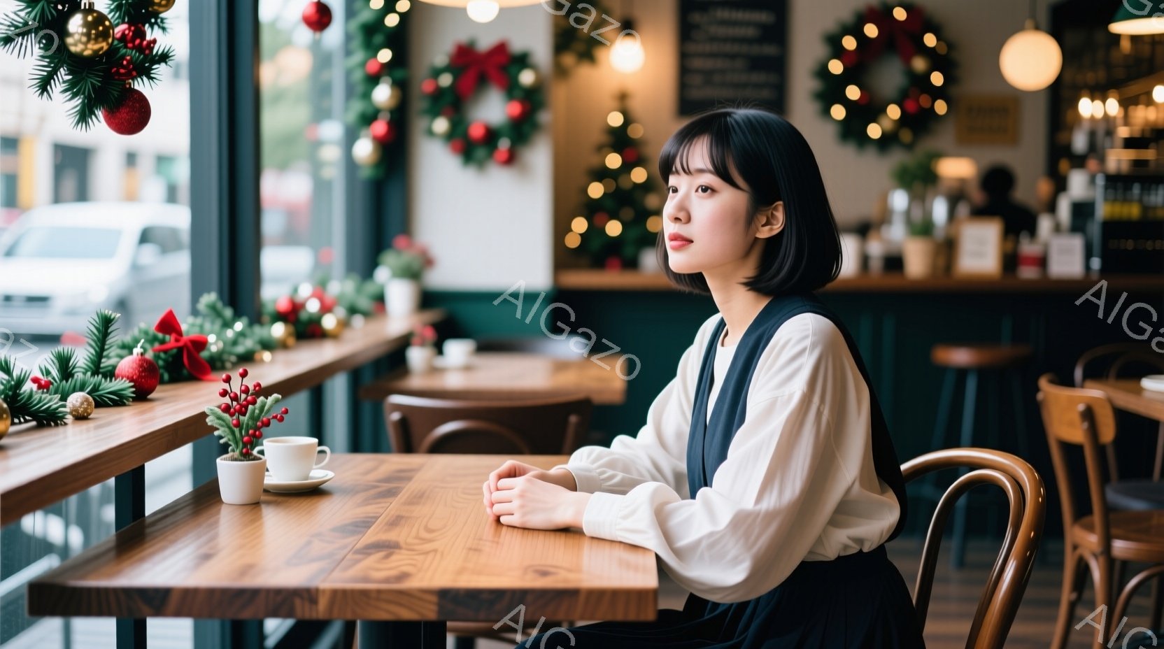 画像には、窓際のカフェに座る若い女性が写っています。彼女は白いブラウスと黒いスカートを着ており、短い黒髪は肩にかかっています。彼女は少し物憂げな表情で遠くを見つめ、両手を重ねてテーブルに置いています。