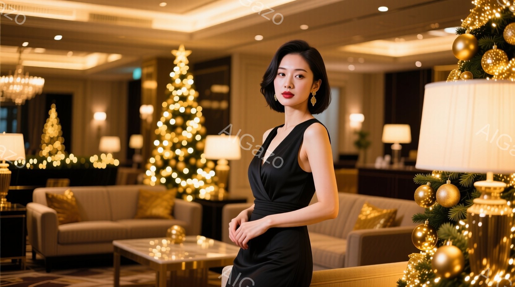 黒いドレスを着た女性が、クリスマスの装飾が施されたホテルのロビーに立っている。彼女は微笑んでおり、片手を腰に当て、リラックスした姿勢を見せている。背景には、光り輝くクリスマスツリーやソファー、テーブルがあり、華やかで暖かい雰囲気を醸し出している。