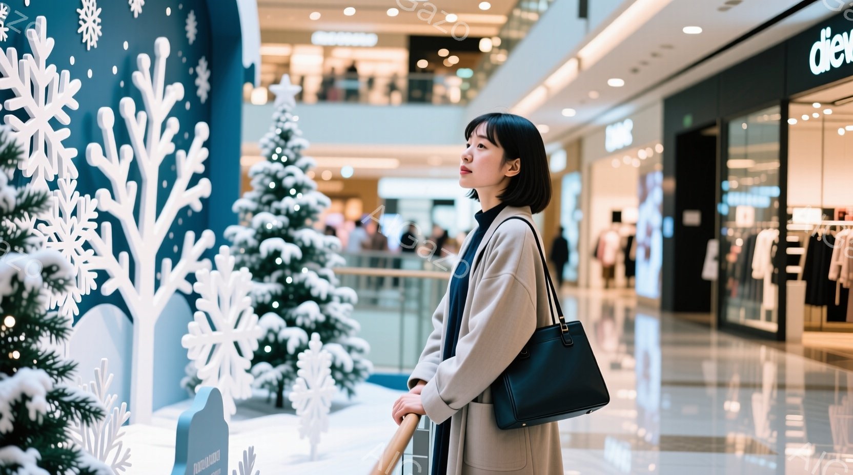 明るい茶色のコートを着た若い女性が、ショッピングモールの階段のそばに立っている。彼女は黒髪のショートボブで、少し上を見ている。背景にはクリスマスらしい白い装飾やクリスマスツリーが並び、華やかな雰囲気が漂っている。