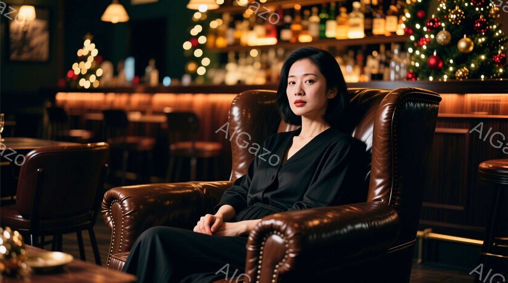 黒いゆったりとした服を着た女性が、アンティーク調の革張りの肘掛け椅子に座っている。彼女は落ち着いた表情で、少し憂いを帯びた視線をカメラに向けている。背景にはバーカウンターとクリスマス装飾がぼやけ、暖色系の照明が全体を包み込み、洗練された雰囲気を作り出している。