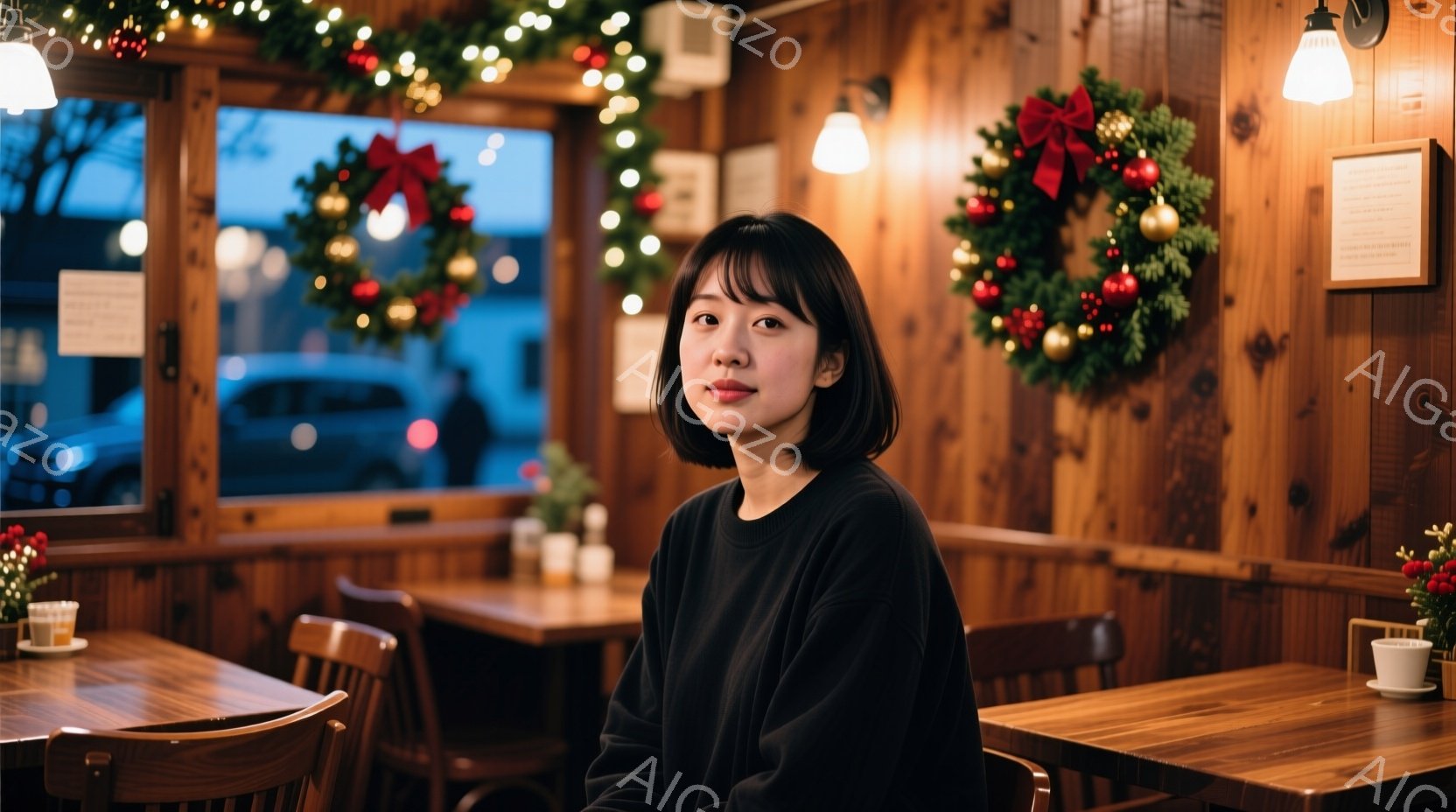 画像には、茶髪で前髪のある女性が黒いスウェットシャツを着て座っています。彼女はリラックスした表情で、わずかに微笑んでいます。背景には、クリスマス装飾が施された木製の壁とテーブルがあり、暖かく心地よい雰囲気です。