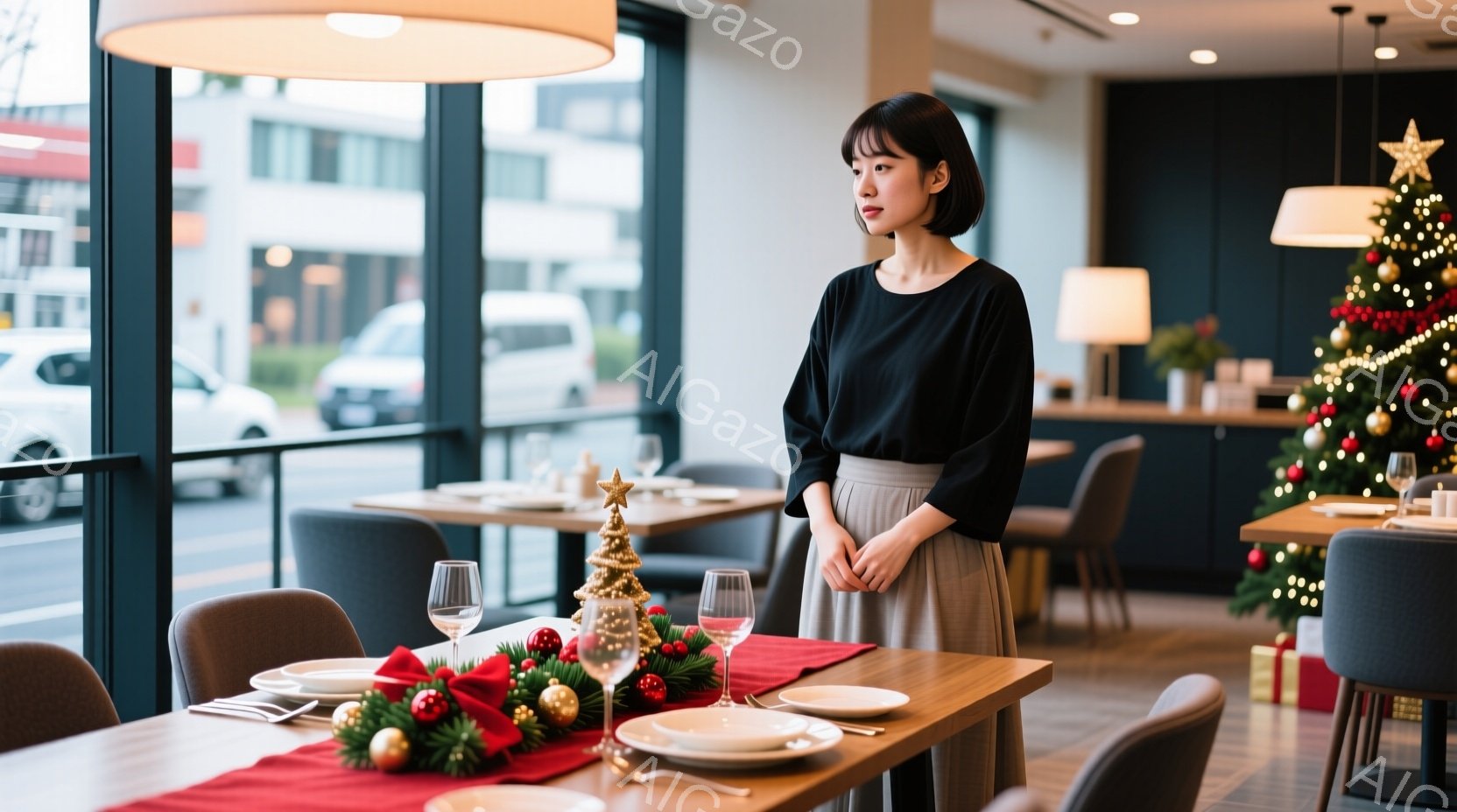画像には、クリスマス装飾が施されたレストランで、黒いブラウスと灰色のスカートを着た女性が立っています。彼女は少しうつむき加減で、両手を前に組んで少し緊張した表情をしています。背景には、窓の外に建物が見え、クリスマスツリーとプレゼントが置かれたテーブルがレストランの温かく華やかな雰囲気を醸し出しています。