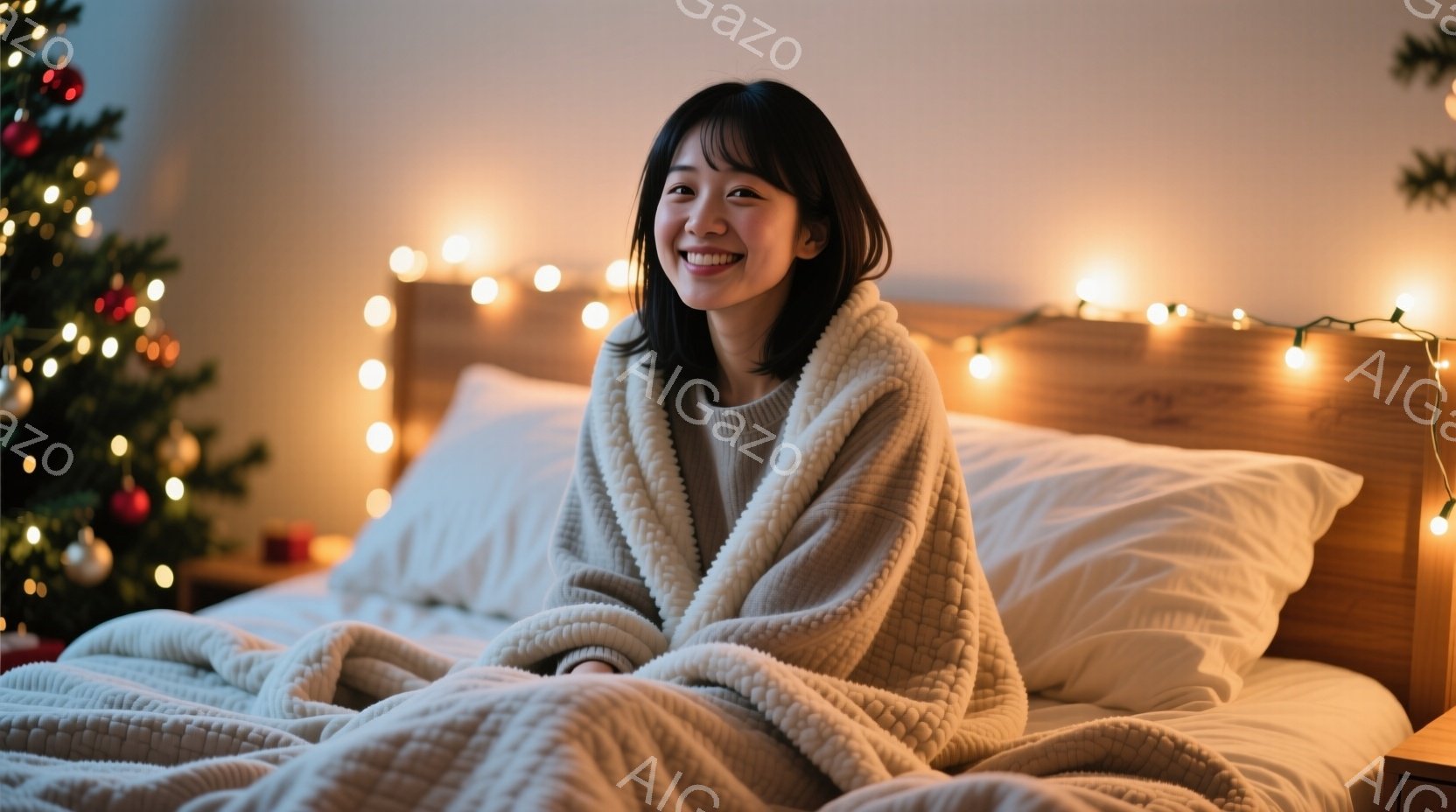 長い髪を軽く巻いた若い女性が、ベッドに座って白い毛布に包まれています。彼女は微笑んでおり、リラックスした表情をしています。背景にはクリスマスツリーと、温かい光を放つストリングライトがあり、暖かく心地よい雰囲気を醸し出しています。