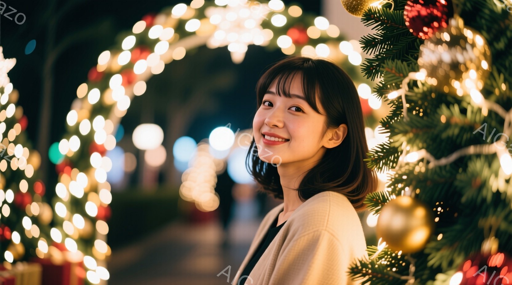 画像には、明るい笑顔を浮かべた若い女性が写っています。彼女はベージュ色のカーディガンを着ており、ダークブラウンの短いボブヘアに整えられています。背景には、色とりどりのクリスマスイルミネーションとクリスマスツリーが見え、華やかな冬の夜の雰囲気を醸し出しています。