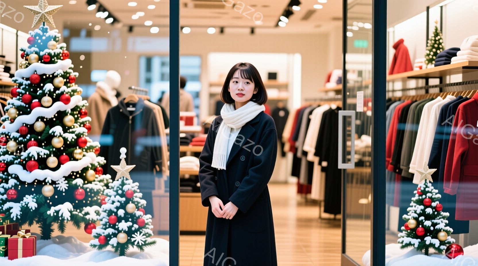 黒いコートと白いマフラーを身につけた女性が、クリスマスの装飾がされた店先に立っている。彼女は両手を前に組み、やや控えめな表情で正面を見つめている。背景には、クリスマスツリーや洋服が並び、店内の明るい光が彼女を照らしている。