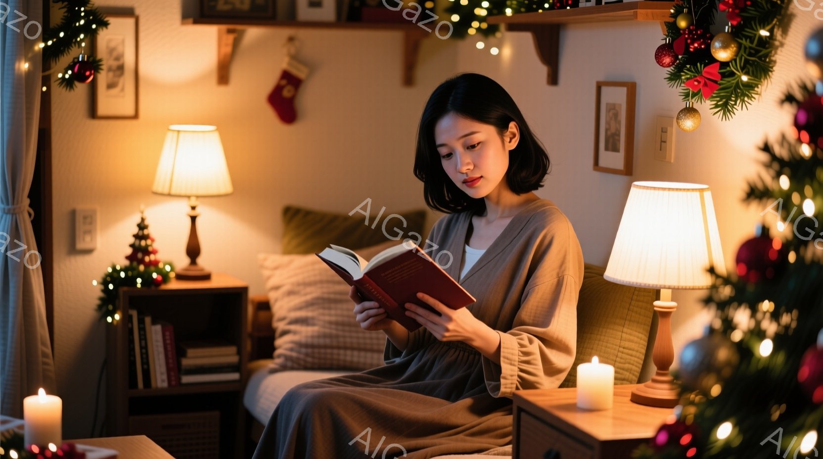 茶色のゆったりとしたセーターを着た女性がソファーに座り、本を読んでいます。彼女は黒髪で、少し微笑んでいるように見え、リラックスした表情をしています。背景にはクリスマスツリーやキャンドルが飾られ、暖かく穏やかな雰囲気を醸し出しています。