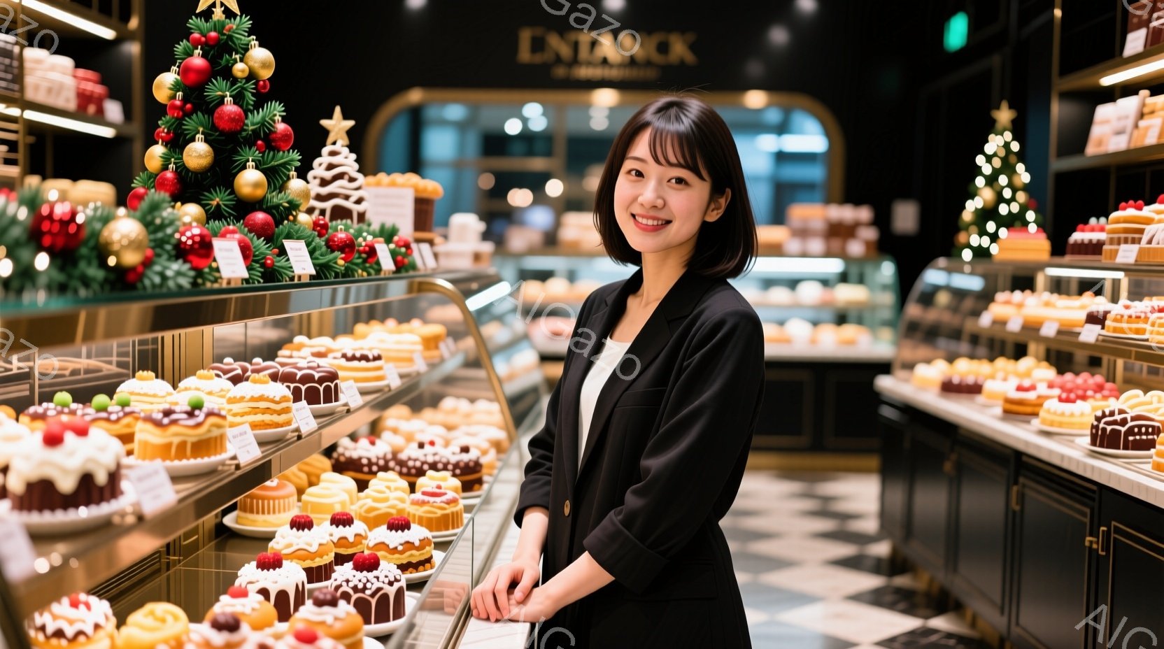 画像には、ケーキが並んだショーケースの前で微笑む女性が写っています。彼女は黒いジャケットと白いシャツを着ており、ダークブラウンのショートヘアです。背景には、クリスマスツリーや様々な種類のケーキが並び、明るく華やかな雰囲気です。
