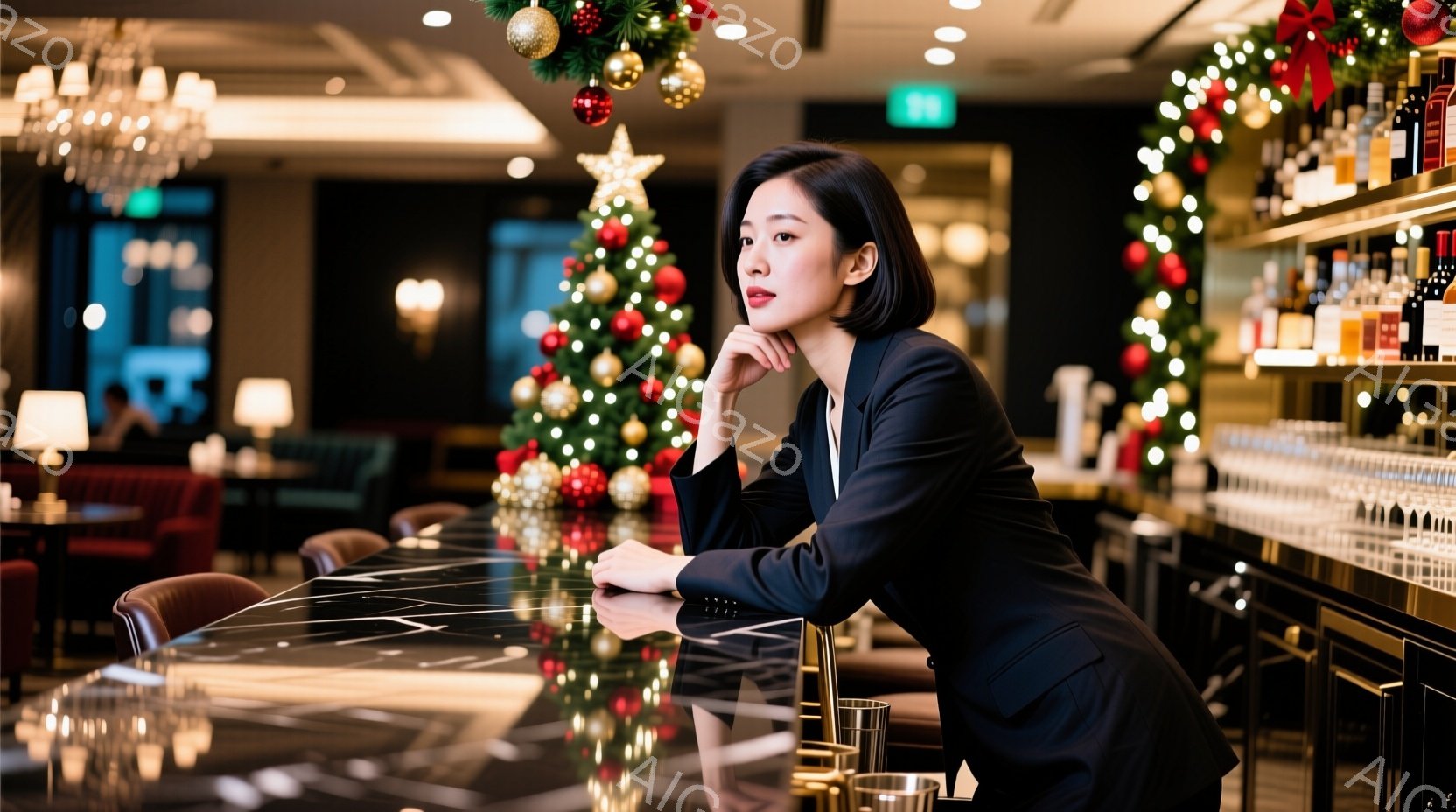 画像には、暗色のスーツを着たアジア人女性がバーカウンターに肘をついて座っています。彼女は落ち着いた表情で、少し顎を支えています。背景には、クリスマスツリーや装飾が施されたバーのインテリアが見え、華やかな雰囲気です。