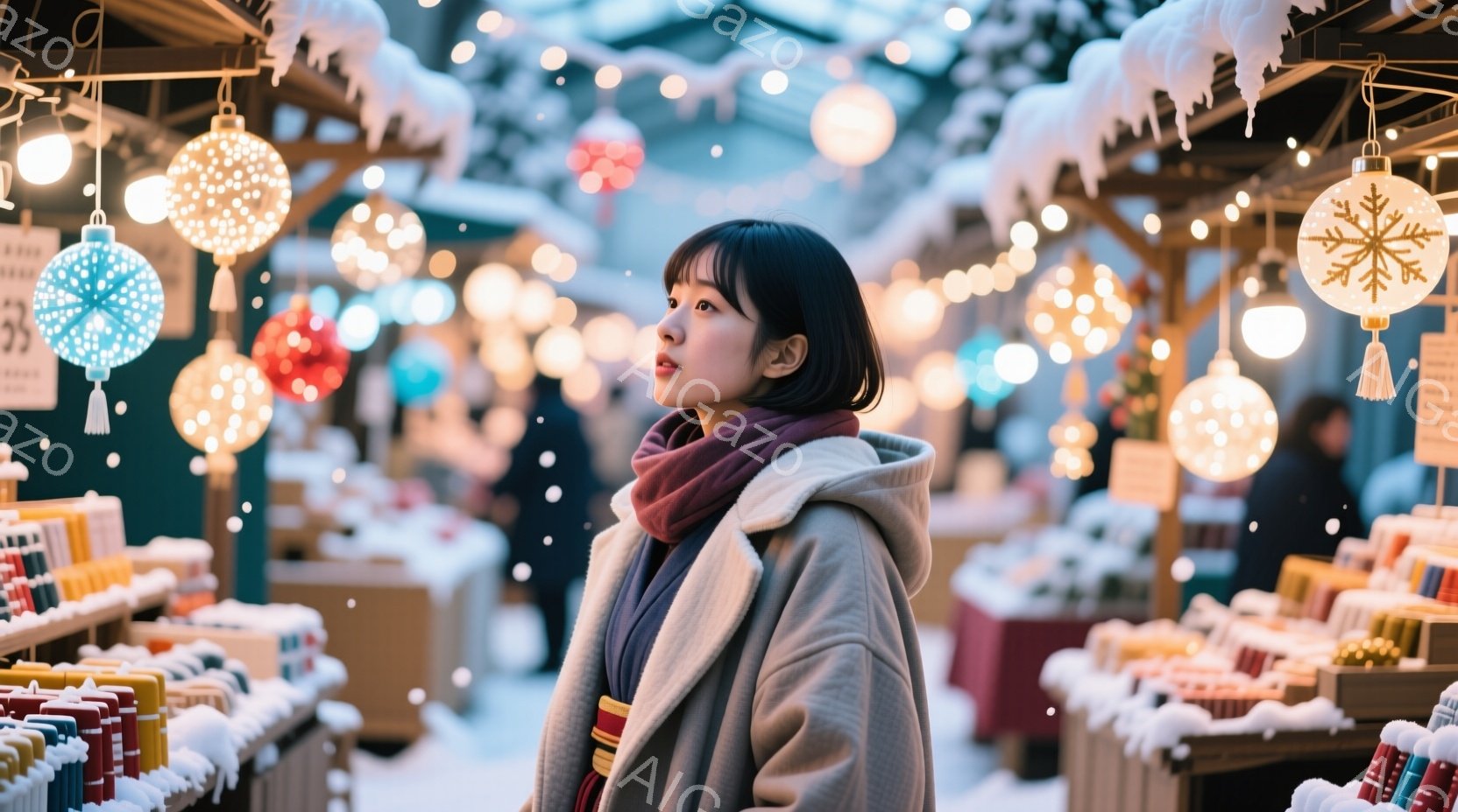 短い黒髪の女性が、クリスマスマーケットのような場所で左を向いて立っている。灰色のパーカーと赤いマフラーを身につけ、少し物憂げな表情をしている。背景には、色とりどりのオーナメントや商品が並び、雪が舞う冬の夜の暖かい雰囲気が感じられる。