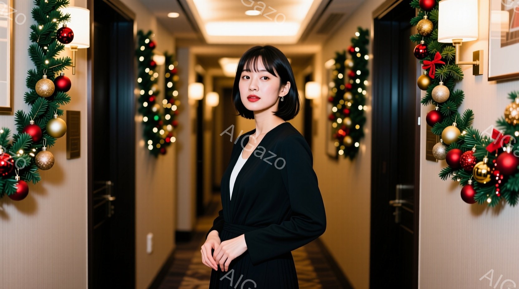 黒いラップドレスを着た女性が廊下に立っており、少し微笑んでいます。彼女はダークブラウンのボブヘアで、片方の肩から髪が落ちています。廊下の壁には、クリスマスツリーと装飾が飾られ、ホテルのような高級感のある雰囲気が漂っています。