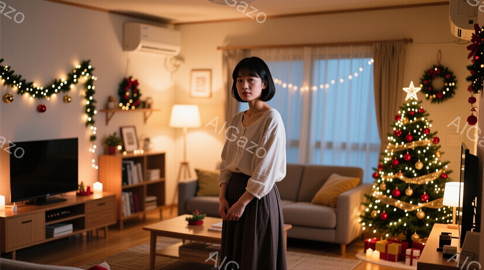 女性はベージュ色のブラウスとスカートを身につけ、長い黒髪を肩まで伸ばしています。彼女は少し憂いを帯びた表情で、わずかに前かがみの姿勢で立っており、部屋の中央に位置しています。背景にはクリスマスツリーやイルミネーションが飾られ、暖かく穏やかな雰囲気のリビングルームが広がっています。
