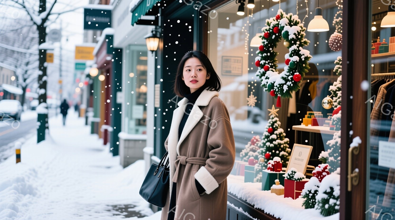 冬の街並みを背景に、茶色のファー襟のコートを着た若い女性が立っています。彼女は片手をポケットに入れ、もう片手を自然に下げ、やや微笑んだ表情を浮かべています。背景には雪が降り積もり、クリスマス装飾が施されたお店が並び、温かく華やかな冬の雰囲気を醸し出しています。