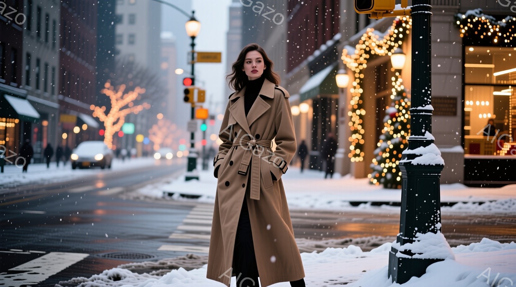 街中に雪が降り積もり、キャメル色のロングコートを着た女性が道路の中央に立っている。彼女は黒い服を着ており、髪は肩まで伸ばして軽くウェーブがかかっている。背景には、クリスマスイルミネーションで飾られた建物や、雪で覆われた歩道が見え、冬の暖かく、少し寂しい雰囲気が漂っている。