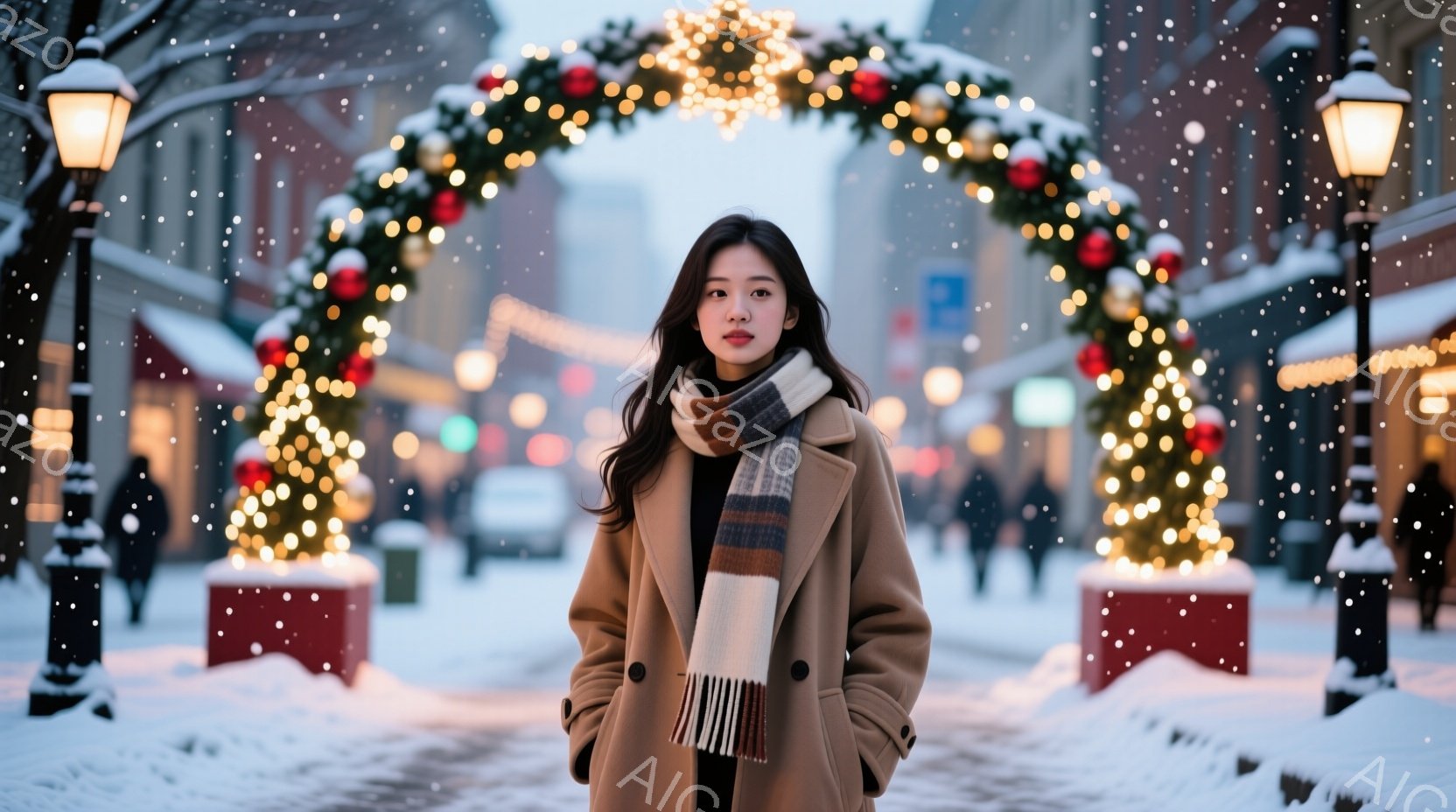 長い黒髪で、ベージュ色のコートとチェック柄のマフラーを身に着けた女性が立っている。彼女は正面を見て少し微笑んでおり、冬の装いの街並みを背景にしている。背景には、雪が舞う中でクリスマス装飾が施されたアーチや建物が見え、暖かく穏やかな雰囲気を醸し出している。