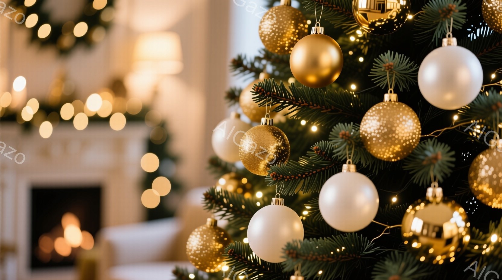 クリスマスツリーがメインの画像で、金と白の装飾が輝いています。暖炉がぼやけて背景にあり、温かい光が部屋全体に広がっています。全体的に、お祝いとリラックスした雰囲気が漂っています。