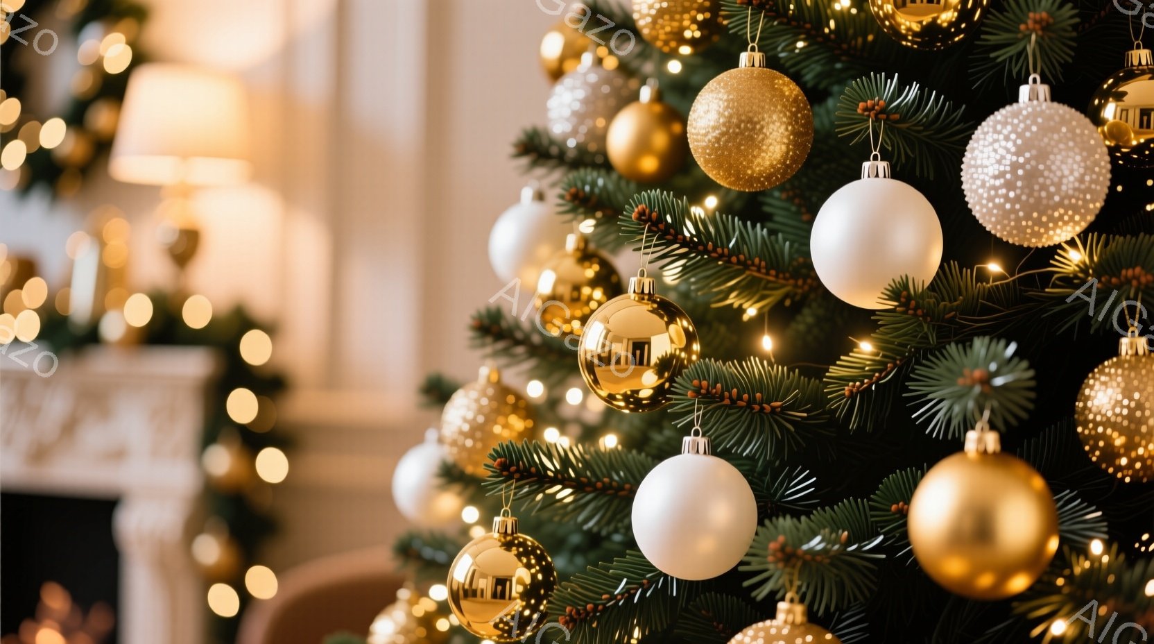 クリスマスツリーが写っており、金と白のオーナメントが輝いています。背景にはぼやけた暖色系の光と家具が見え、お祝いの雰囲気を醸し出しています。全体的に温かく、華やかな印象を与えるクリスマスシーズンの写真 - AI生成フリー素材