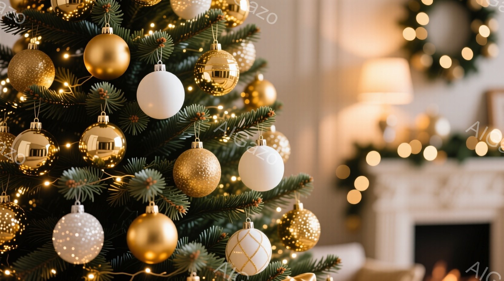 クリスマスツリーが画面を占めており、金と白のオーナメントで飾られています。背景にはぼやけた暖炉と、光の粒子が舞う室内が見え、ホリデーシーズン特有の温かく穏やかな雰囲気を醸し出しています。ツリーの緑とオーナメントの輝きが、華やかで美しいコントラストを生み出しています。